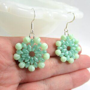 Uranium glass woven flower earrings